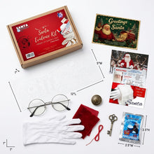 Load image into Gallery viewer, A Santa-themed evidence kit laid out on a white background, including a cardboard box with a red Santa label, a Santa greeting card, a Santa ID card, white gloves, round glasses, a red velvet pouch, a small key, a brass coat button.