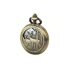 Load image into Gallery viewer, front view of antique brass pocket watch engraved with two deer in the forest
