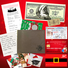 Load image into Gallery viewer, the official santa wallet on a red background expoded view of contents including santas wallet, license, credit card, business card, wallet photos of his firneds, store receipt, million dollar santa bill and santa's sleigh license