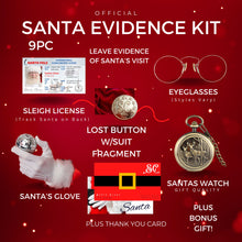 Load image into Gallery viewer, exploded view of santa watch and evidence kit on a red holiday background showing id, button, glasses, glove, cards and a pocket watch