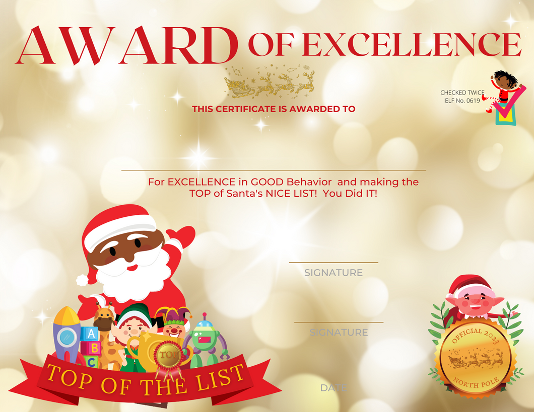 Printable Nice List Award Certificate - Black Santa (Digital Download)