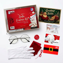 Load image into Gallery viewer, A Santa Evidence Kit laid out on a white background, including a red Santa-themed kit box, a Christmas greeting card, a North Pole ID card, a Santa card, white gloves, round metal glasses, a red velvet cloth, Santa's lost sleigh driver's license, a red button, and red thread.
