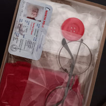 Load image into Gallery viewer, santas glasses, suit button, lost glove, sleigh operators license and red fabric swatch torn from his suit
