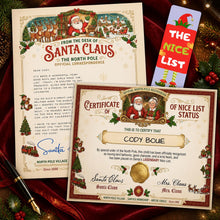 Load image into Gallery viewer, a personalized letter from santa nice list certificate and nice list bookmark
