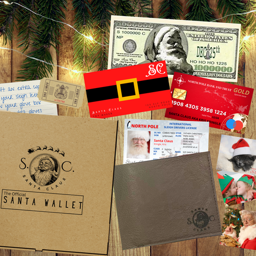 Santa Wallet evidence kit in a rustic holiday scene