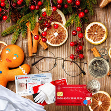 Load image into Gallery viewer, a view on santas eyeglasses sleigh license and thank you card on a holiday wooden board with potpourri accents and hollyberries
