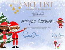 Load image into Gallery viewer, Black Santa Claus Nice List Certificate
