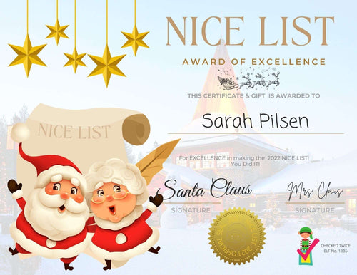 Nice List Award Certificate  features Santa and Mrs Claus santaLettermagic.com exclsive 